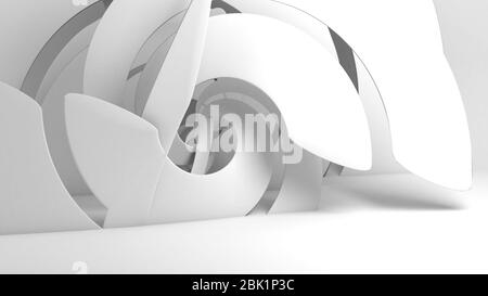 Abstrakter weißer CGI-Hintergrund mit sich schneidenden Spiralinstallationen in einem leeren Raum, digitale 3d-Rendering-Illustration Stockfoto