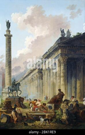 Hubert Robert - imaginäre Ansicht von Rom mit Reiterstatue des Marcus Aurelius, Trajanssäule und Tempel Stockfoto