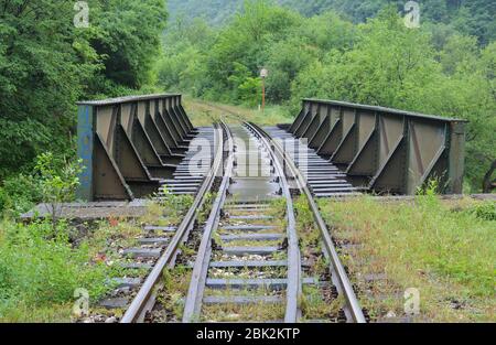 Eisenbahnschienen und kleine Eisenbrücke über den Graben in Ibar george, nass nach starkem Frühlingsregen, vor üppiger Frühlingsvegetation Hintergrund Stockfoto