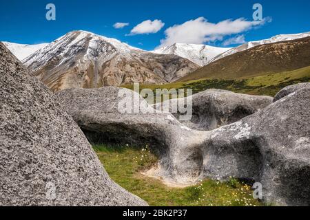 Castle Hill Kalksteinfelsen, Kura Tawhiti Conservation Area, Craigieburn Range, Southern Alps, Canterbury Region, South Island, Neuseeland Stockfoto