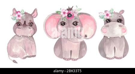 Aquarell Illustration eines niedlichen Baby Elefanten, Nilpferd, Nashorn. Safari Tier Clip Art für Einladungen, Baby-Dusche, Kinderzimmer Wandkunst Stockfoto