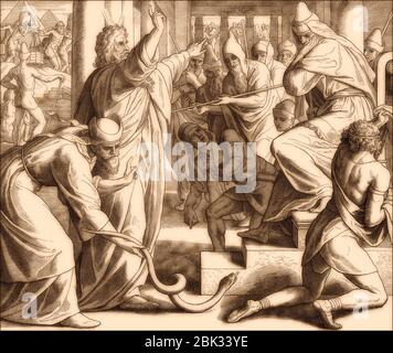 Moses und Aaron erscheinen vor Pharao, Stäbe zu Schlangen, Altes Testament, von Julius Schnorr von Carolsfeld, 1860 Stockfoto