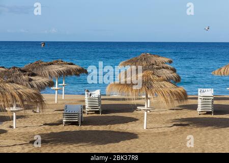 Leerer Strand, playa del duque, in den touristischen Feriengebieten von Costa Adeje, Teneriffa, Kanarische Inseln, Spanien Stockfoto