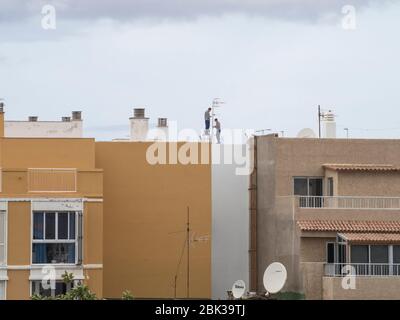 Männer auf einem Dach, die eine Antenne aufstellen Stockfoto