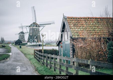 Authentisches Dorfhaus mit traditionellen ökologischen hollands Windmühlen in den Niederlanden landschaftlich. Niederländische Kultur Stockfoto