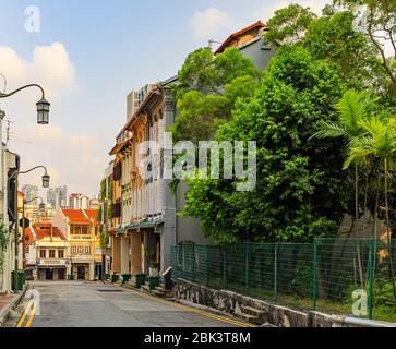 Singapur - 08. September 2019: Berühmte Club Street in Chinatown mit prunkvollen Kolonialhäusern Stockfoto