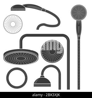 Set von verschiedenen Bad Duschkopf Symbol isoliert auf weißem Hintergrund. Badkollektion. Flaches Design Stockfoto