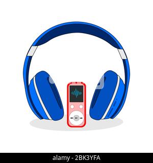 Kopfhörer blau, Musik-Player, Stereo-Sound, isoliert weiß, Illustration Stockfoto