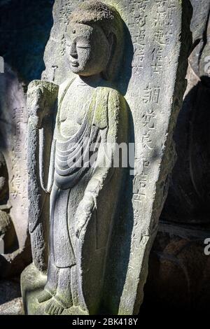 Alte geschnitzte Grabsteine auf dem Friedhof, Tokio, Japan Stockfoto