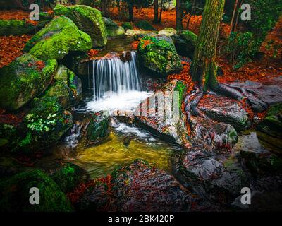 Kleiner schöner Wasserfall mit verschwommenem Wasser umgeben von moosigen Felsbrocken. Landschaftsgestaltung des japanischen Gartens. Wunderschöne Landschaft mit kleinem Teich und Wasserfall. Stockfoto
