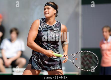 Aryna Sabalenka aus Weißrussland spielt Doppel beim Roland Garros Grand Slam Tennisturnier 2019 Stockfoto