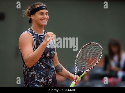 Aryna Sabalenka aus Weißrussland spielt Doppel beim Roland Garros Grand Slam Tennisturnier 2019 Stockfoto