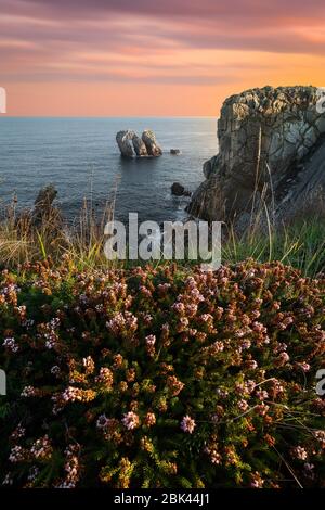 Küstenlandschaft mit Meerblick von einer Klippe bei Sonnenuntergang mit warmen Farben am Himmel Stockfoto