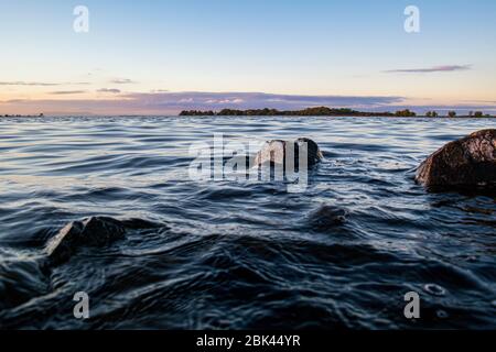 Sonnenuntergang auf dem Lough Neagh an einem warmen Herbstabend Stockfoto