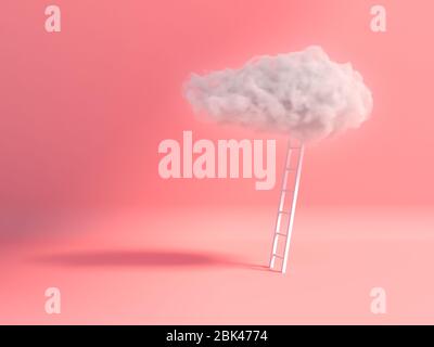 Treppe mit Wolke schwebend auf rosa Raum Hintergrund. Minimal Creative Idea Konzept. 3D-Rendering. Stockfoto