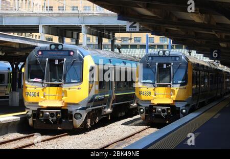 Triebwagen von zwei elektrischen Triebzügen der Matangi-Klasse in Metlink-Lackierung am Bahnhof Wellington am 30. November 2017. Stockfoto