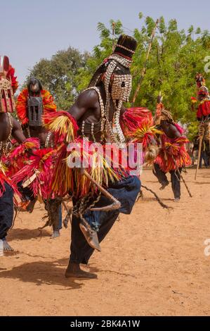 Traditionelle Tänze der Dogonmenschen im Dorf Sangha im Dogonland in Mali, Westafrika. Stockfoto