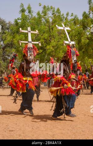 Traditionelle Tänze der Dogonmenschen im Dorf Sangha im Dogonland in Mali, Westafrika. Stockfoto