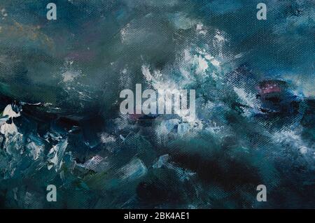 Ölgemälde Hintergrund mit Sturm auf dem Meer mit riesigen plätschernden Wellen. Atmosphärisch luftig verschwommenes Fragment des Bildes. Trendy abstrakte Kunst Konzepte pat Stockfoto