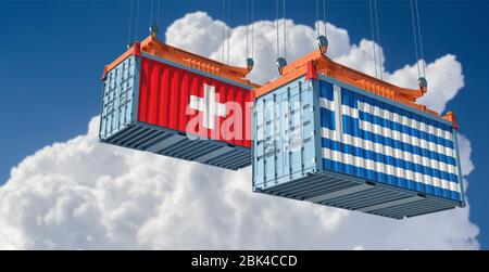 Versandcontainer mit Schweiz und Griechenland Flagge. 3D-Rendering Stockfoto