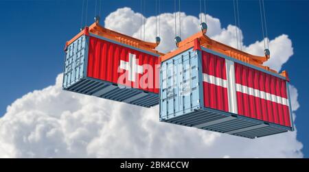 Versandcontainer mit Schweiz und Dänemark Flagge. 3D-Rendering Stockfoto