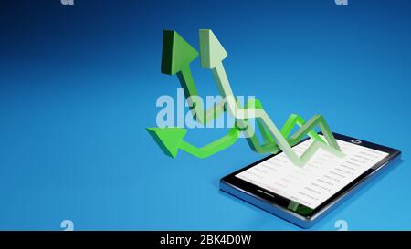 Aktienmarktgewinne mit einem mobilen Gerät. Grüne Pfeile steigen von einem Smartphone. Konzept Hintergrund digital 3D Render. Stockfoto