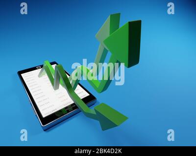 Aktienmarktgewinne mit einem mobilen Gerät. Grüne Pfeile steigen von einem Smartphone. Konzept Hintergrund digital 3D Render. Stockfoto