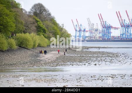 Hamburg, Deutschland. April 2020. Wanderer sind auf der Elbe zwischen Övelgönne und Teufelsbrück, wenn der Wasserstand sehr niedrig ist. Kredit: Bodo Marks/dpa/Alamy Live News Stockfoto