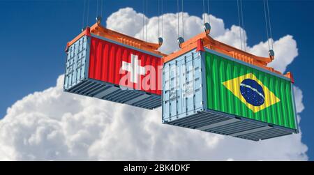 Versandcontainer mit Schweiz und Brasilien Flagge. 3D-Rendering Stockfoto