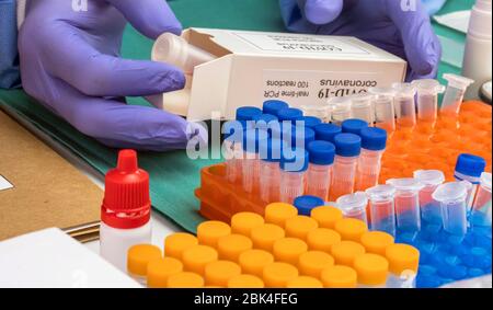 Krankenschwester Auspackbox mit Covid-19 PCR-Kit im Krankenhaus-Lager, konzeptionelles Bild Stockfoto