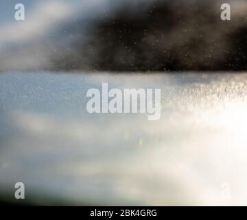 Kleine Wassertropfen, die von der Sonne im Gegenjour geschlagen werden, bilden graue Abstraktionen Stockfoto