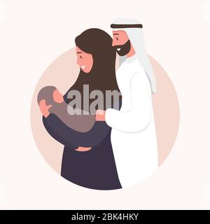 Traditionelle muslimische Familie, Mutterschaft und Geburt von Kindern in arabischen Paar. Frau in Hijab und Nationaltracht mit ihrem Mann und Baby. Flacher Vektor Stock Vektor