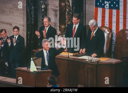 WASHINGTON, DC, USA, 4. FEBRUAR 1997: Präsident Bill Clinton, Rede zur Lage der Union vor der gemeinsamen Sitzung des Kongresses. Stockfoto