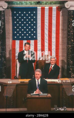 WASHINGTON, DC, USA, 4. FEBRUAR 1997: Präsident Bill Clinton, Rede zur Lage der Union vor der gemeinsamen Sitzung des Kongresses. Stockfoto