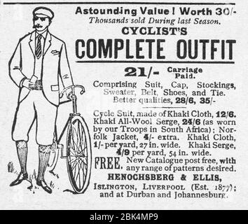 Alte Zeitungsdruckkleidung / Bekleidungswerbung aus viktorianischen Zeiten - vor dem Anbruch der Werbestandards. Alte Radsport-Werbung, viktorianisches Radsport-Outfit. Stockfoto