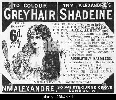 Alte Zeitungsdruck-Haarpflege / Haarpflege-Anzeige aus viktorianischen Zeiten - vor dem Anbruch der Werbestandards. Stockfoto