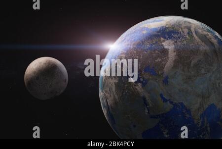 Planet Erde und Mond im Raum mit Linsenflammen. Science Fiction 3D-Rendering. Elemente dieses Bildes wurden von der NASA bereitgestellt Stockfoto