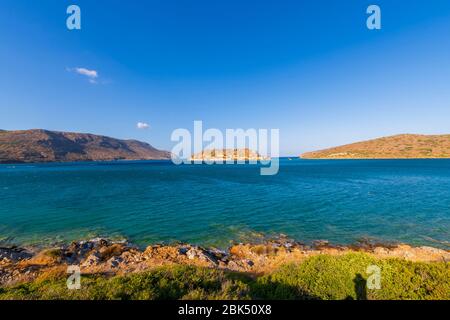 Luftbild zur Insel Spinalonga, auf Kretas, Griechenland Stockfoto