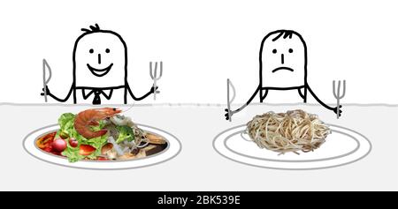 Hand gezeichnet Cartoon reichen Mann mit einem Teller voll aus gutes Essen, neben einem armen mit nur einfachen Spaghetti Stockfoto