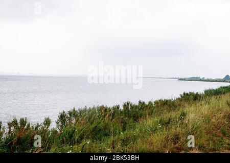 Regnerisches Wetter auf dem Meer, wo die Küste mit grünem Gras sichtbar ist Stockfoto