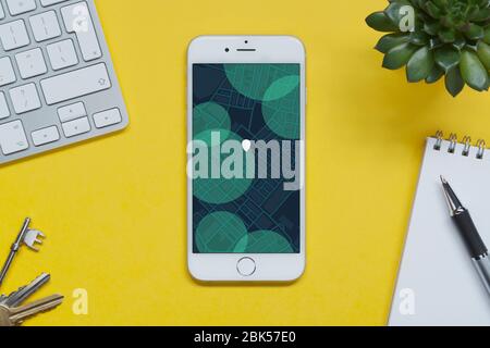 Ein iPhone mit einer fiktiven Covid-19-App zur Kontaktverfolgung auf einem gelben Hintergrund mit Tastatur, Tasten, Notizblock, Pflanze (nur Editorial) Stockfoto