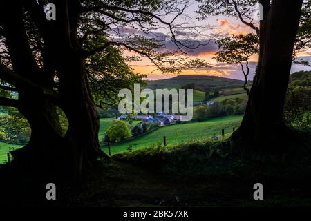 Lewesdon Hill, Dorset, Großbritannien. Mai 2020. Wetter in Großbritannien. Sonnenuntergang am Ende eines warmen sonnigen Tages vom Wald auf dem Lewesdon Hill bei Broadwindsor in Dorset aus gesehen. Bild: Graham Hunt/Alamy Live News Stockfoto