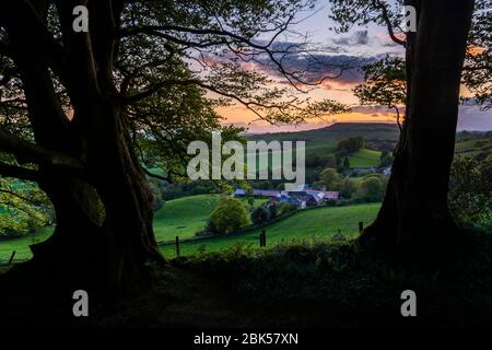 Lewesdon Hill, Dorset, Großbritannien. Mai 2020. Wetter in Großbritannien. Sonnenuntergang am Ende eines warmen sonnigen Tages vom Wald auf dem Lewesdon Hill bei Broadwindsor in Dorset aus gesehen. Bild: Graham Hunt/Alamy Live News Stockfoto