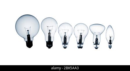 Verschiedene geformte Glühlampen in einer Reihe, farbige Röntgenstrahlung. Stockfoto