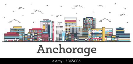 Skizzieren Sie die Skyline von Anchorage Alaska City mit farbigen Gebäuden auf Weiß. Vektorgrafik. Anchorage USA Stadtbild mit Wahrzeichen. Stock Vektor