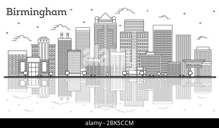 Skizzieren Sie die Skyline von Birmingham Alabama City mit modernen Gebäuden und Reflections isoliert auf Weiß. Vektorgrafik. Stock Vektor