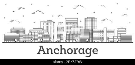 Skizzieren Sie die Skyline von Anchorage Alaska City mit modernen Gebäuden, die auf White isoliert sind. Vektorgrafik. Anchorage USA Stadtbild mit Wahrzeichen. Stock Vektor