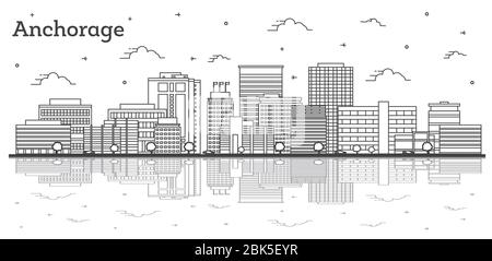 Skizzieren Sie die Skyline von Anchorage Alaska City mit modernen Gebäuden und Reflections isoliert auf Weiß. Vektorgrafik. Stock Vektor