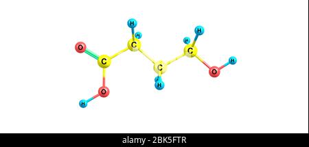 Hydroxybutyrinsäure oder GHB oder 4-Hydroxybutansäure ist ein natürlich vorkommender Neurotransmitter und ein psychoaktives Medikament. Es ist ein Vorläufer von GABA, glu Stockfoto