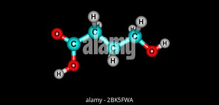 Hydroxybutyrinsäure oder GHB oder 4-Hydroxybutansäure ist ein natürlich vorkommender Neurotransmitter und ein psychoaktives Medikament. Es ist ein Vorläufer von GABA, glu Stockfoto